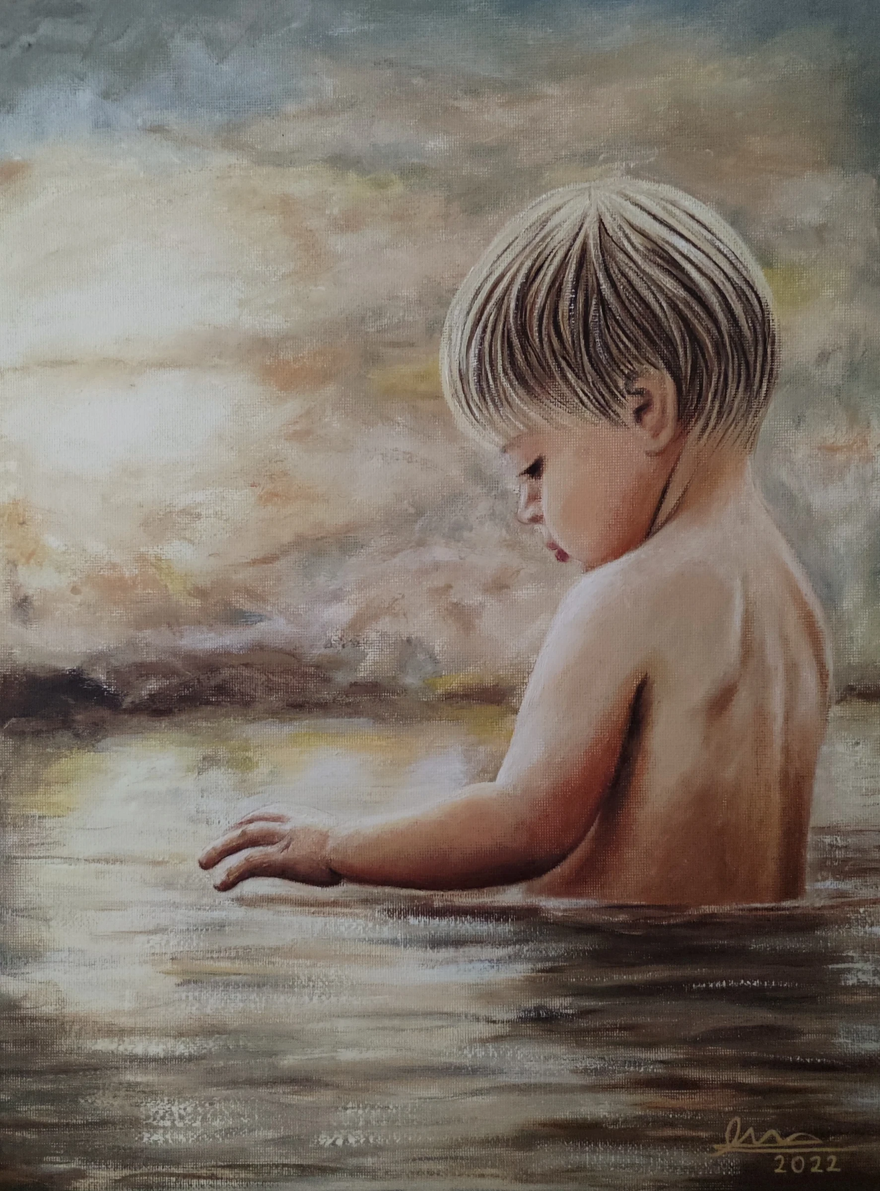 Pintura vertical al óleo sobre lienzo, sin marco y con todos los bordes visibles.